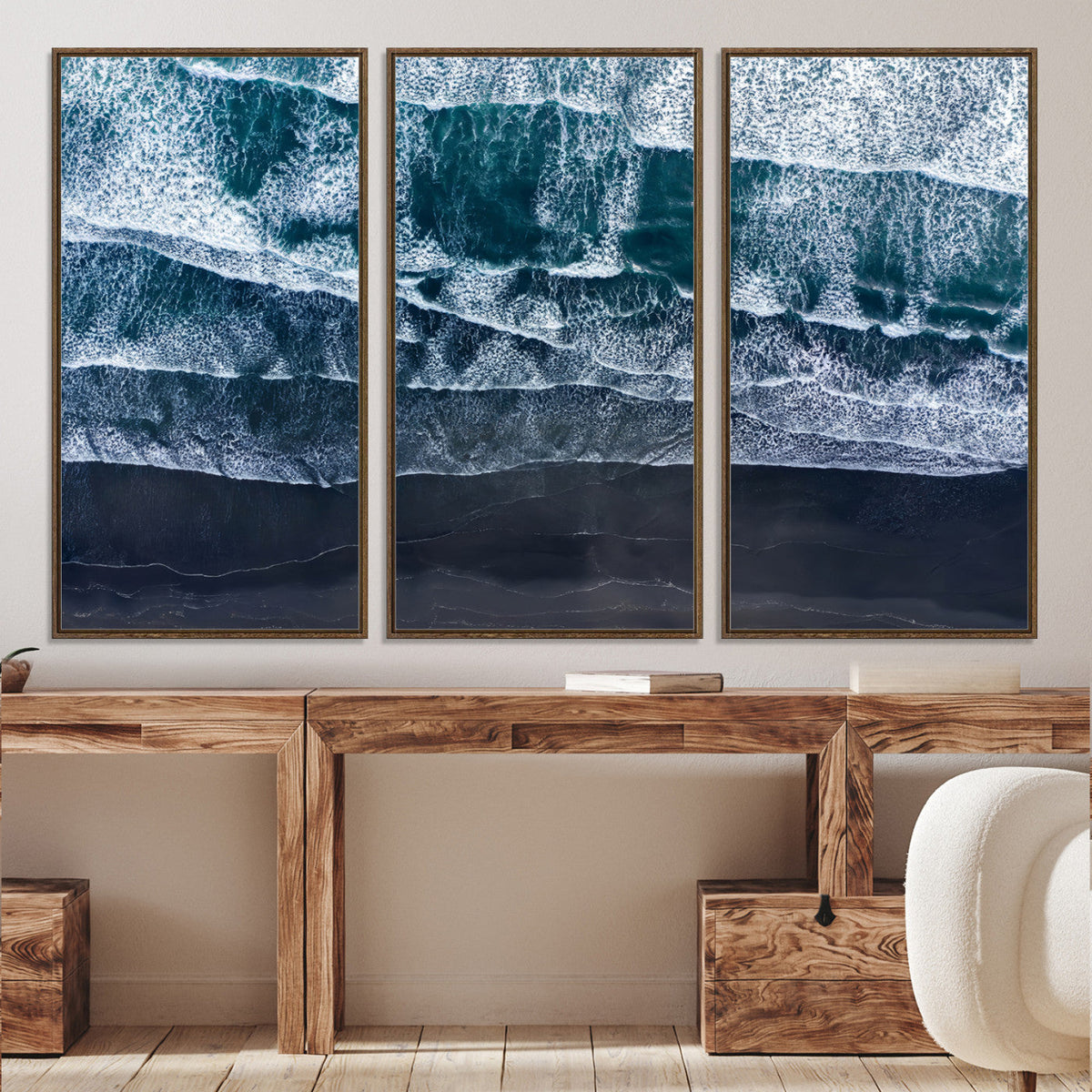 Black Beach Wall Art Canvas Print – Framed Aerial Ocean View