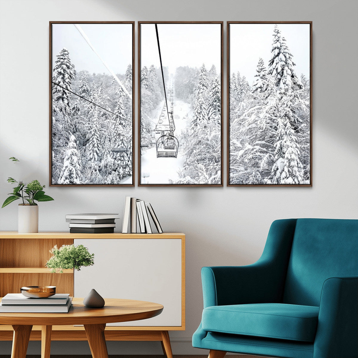 Snowy Ski Lift Wall Art – Framed Winter Mountain Canvas