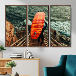 Surfer Stairway Wall Art – Framed Ocean Surf Canvas Artwork,