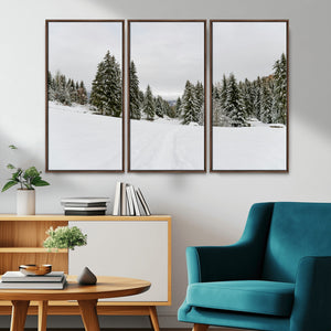 Frosty Pines Wall Art Canvas Print – Framed Silent Snowfall