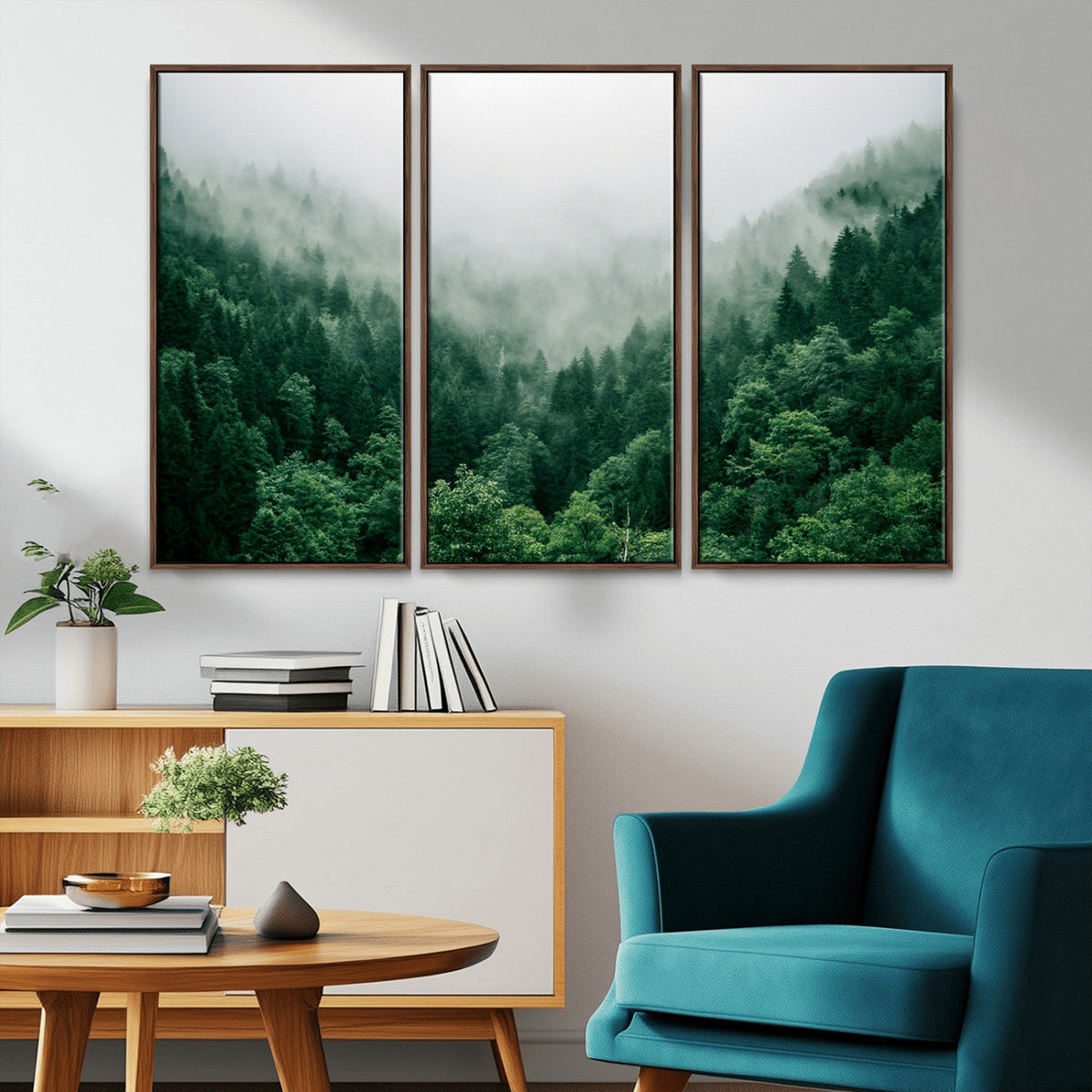 Misty Green Forest Canvas Print – Framed Serene Foggy Pine