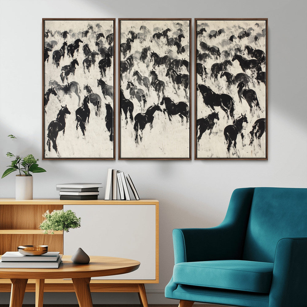 Wild Horse Stampede Wall Art Canvas Print – Monochrome