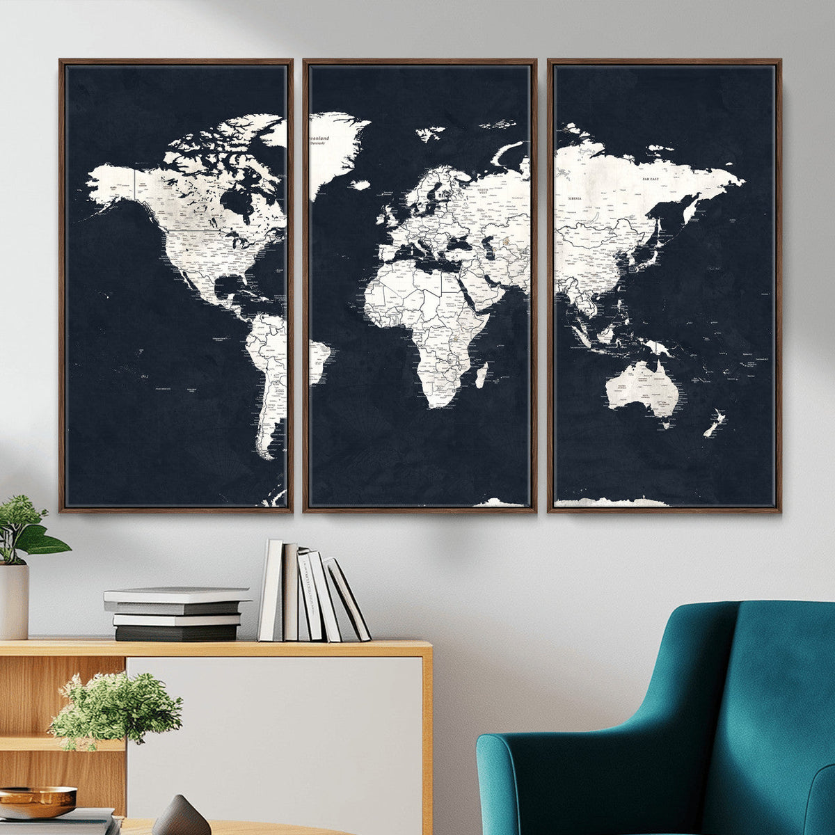 Black World Map Wall Art Canvas Print for Home Office and