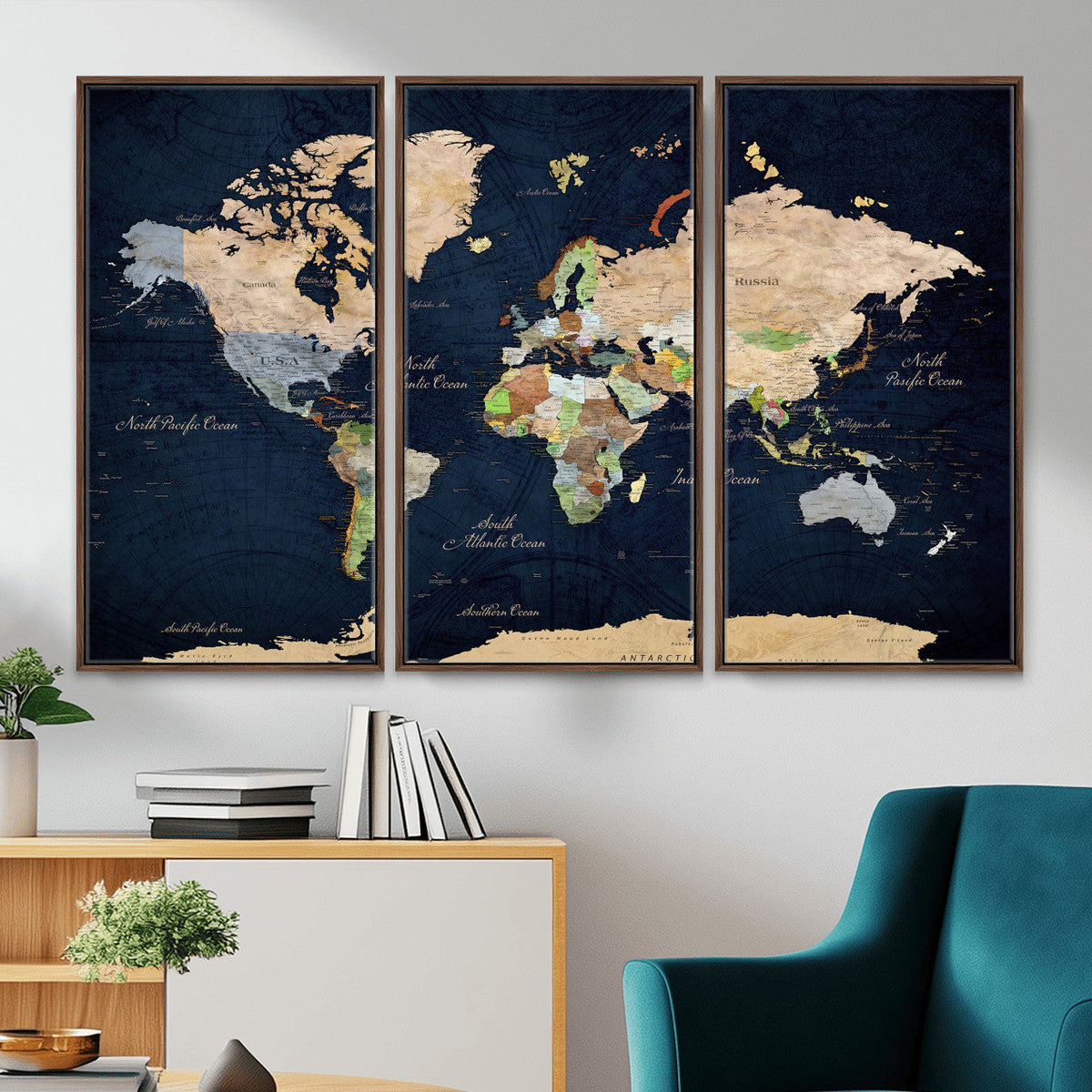Minimalist World Map Canvas Wall Art - Watercolor Blue and