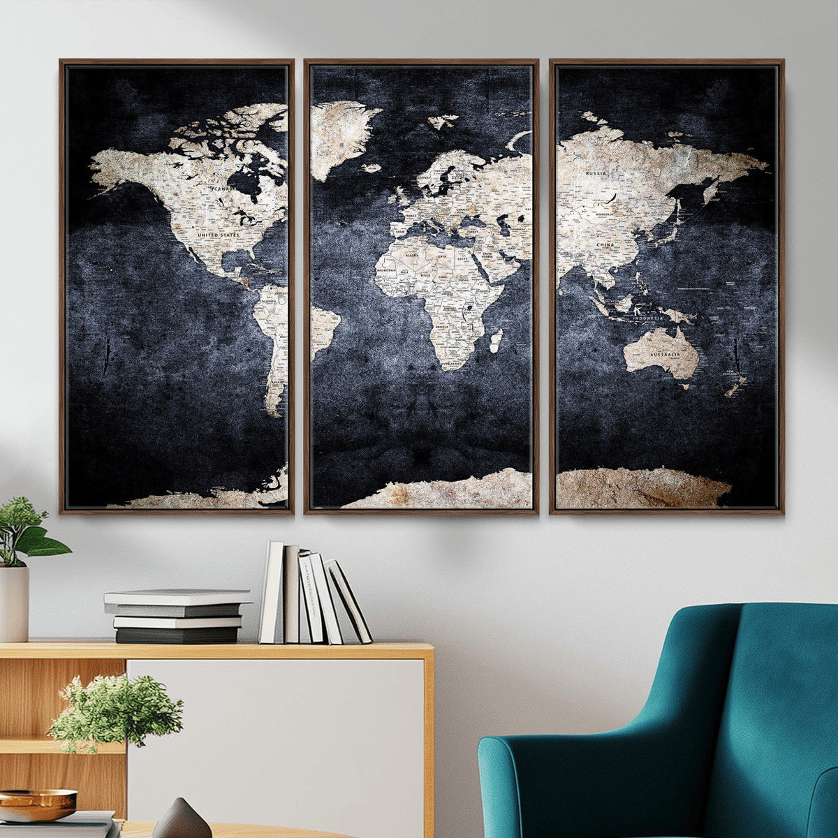 Vintage World Map Canvas Wall Art – Antique Triptych Map