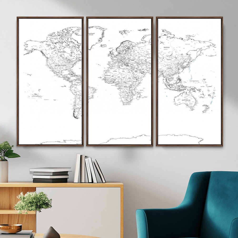World Map Canvas Print – Framed Modern Detailed Map of the