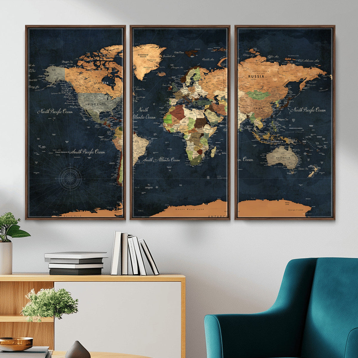 Vintage World Map Canvas Wall Art – Detailed Map with