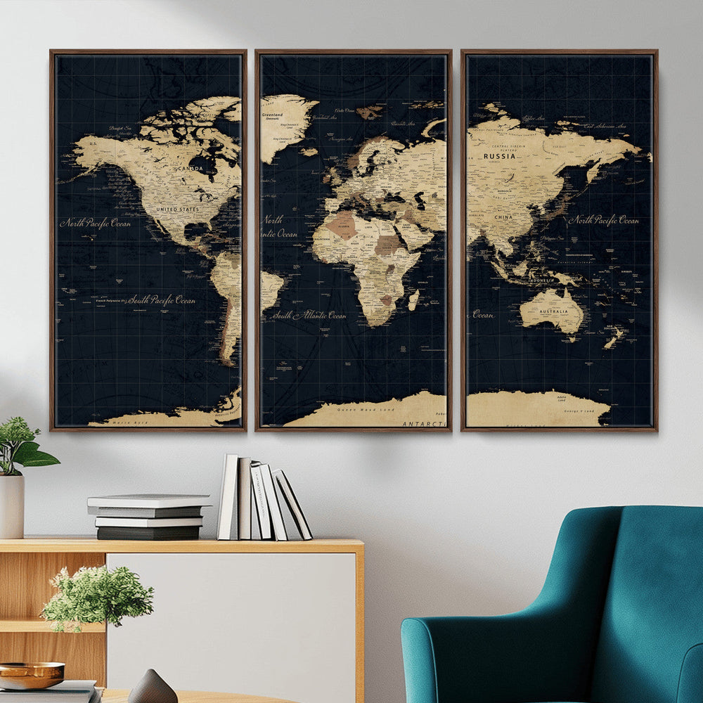 Dark World Map Canvas Wall Art Print, Minimal Black and Gold