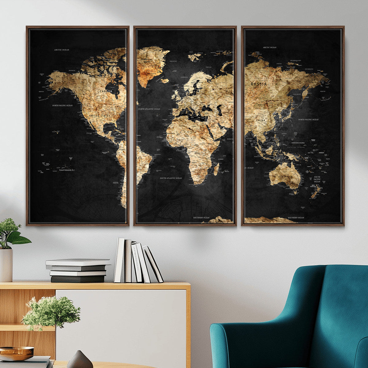 World Map Canvas Wall Art with Famous Landmarks – Framed