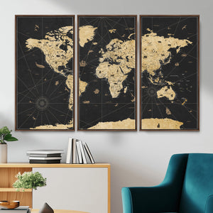 Vintage Blue and Brown World Map Canvas Wall Art – Framed