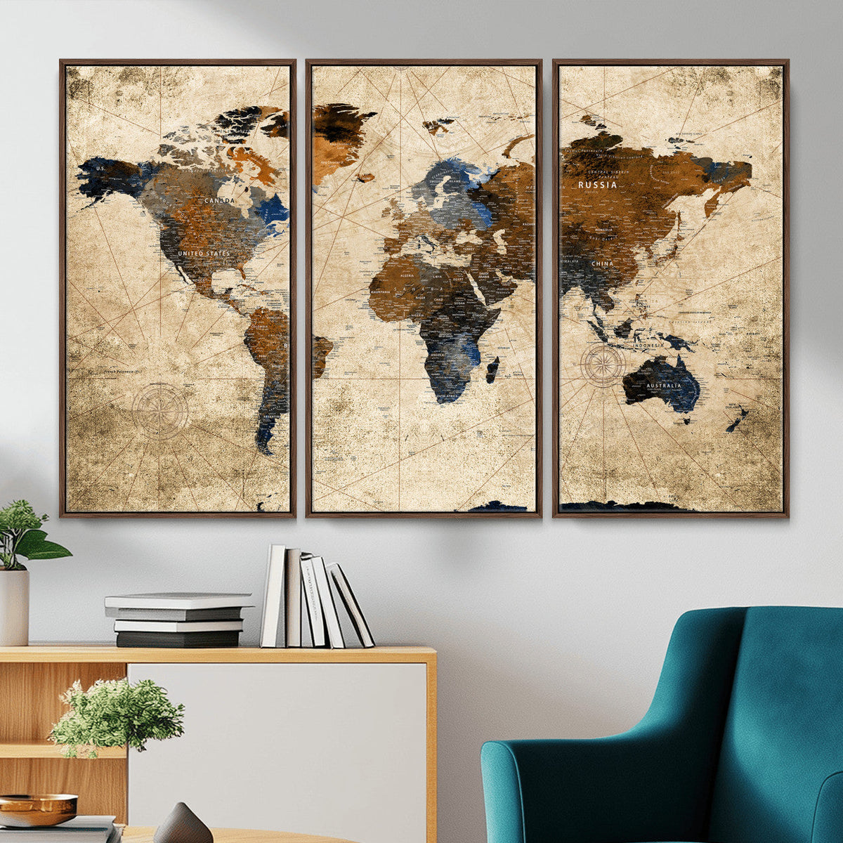 World Map Wall Art Canvas Print, Modern Decorative Framed