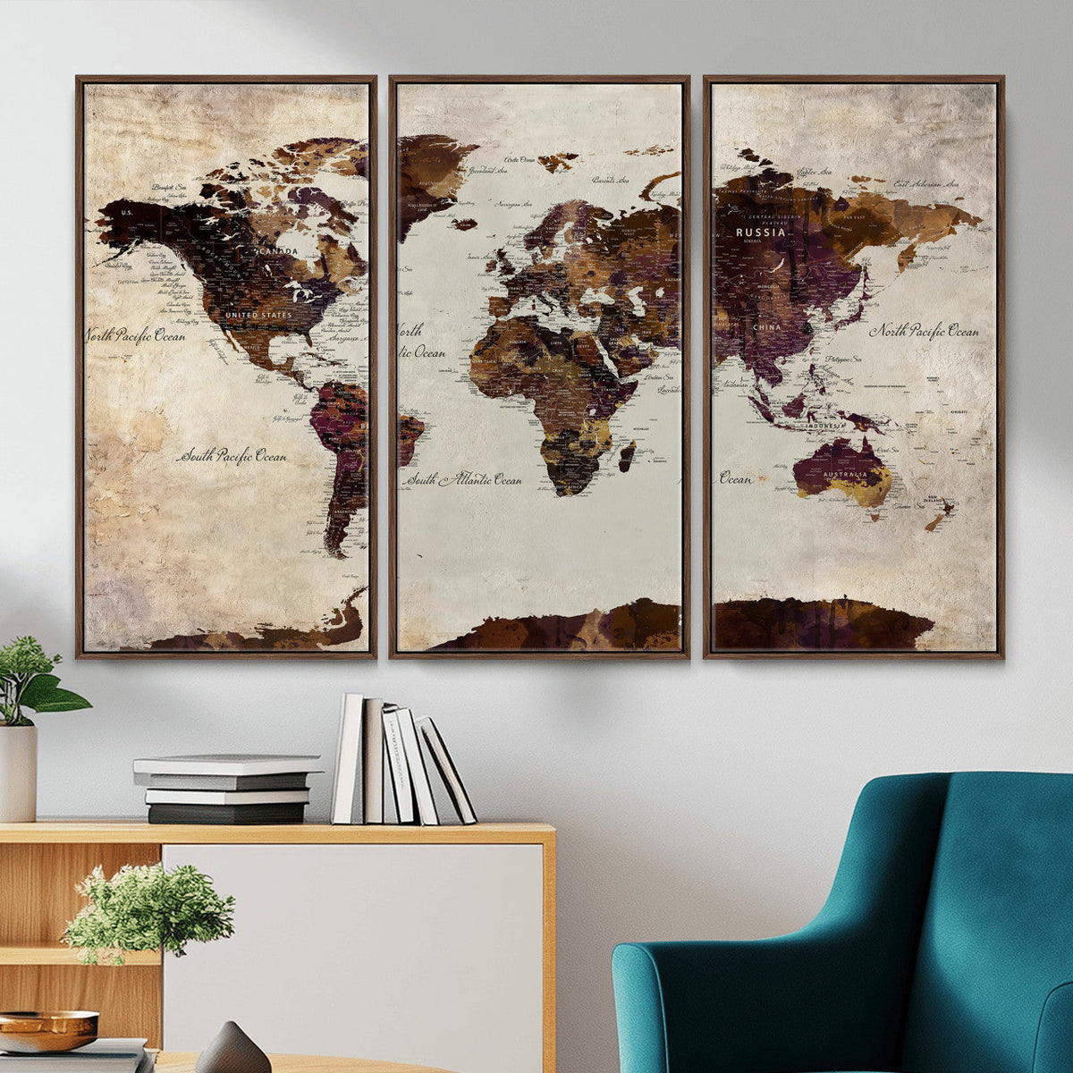 World Map Canvas Triptych – Colorful Global Wall Art for