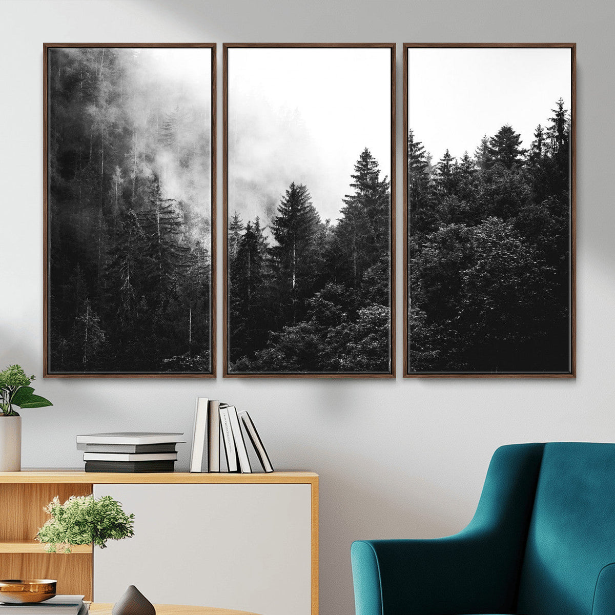 Black White Forest Wall Art Canvas Print, Misty Pine Tree