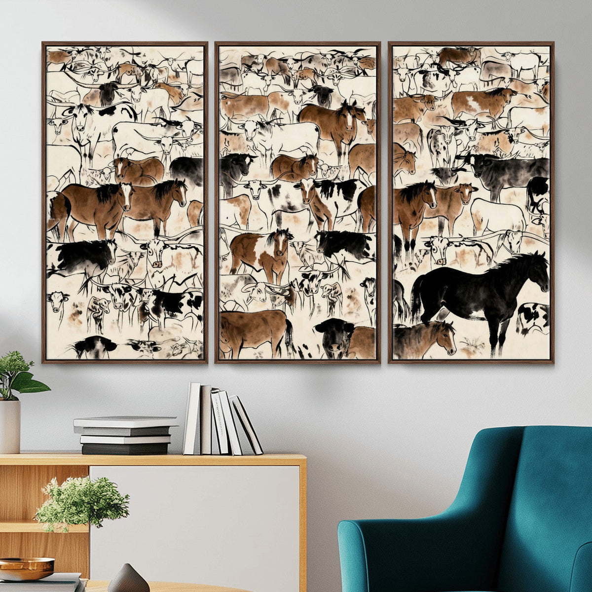 Farmhouse Animals Horse Longhorn Cow Wall Art Canvas Print -