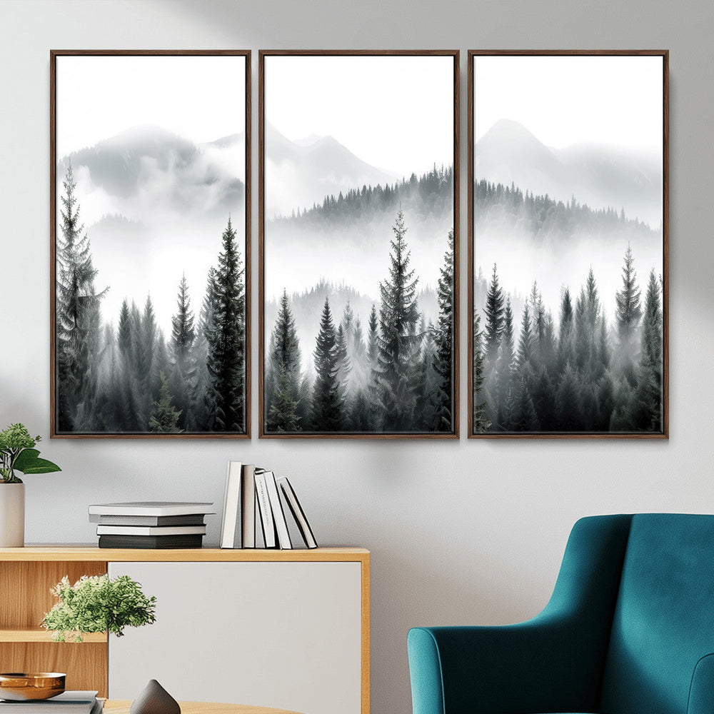 Misty Pine Forest Mountain Landscape Wall Art Canvas Print