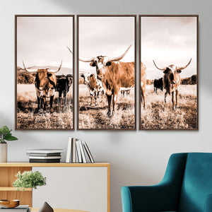 Texas Longhorn Cattle Wall Art Canvas Print, Sepia Western