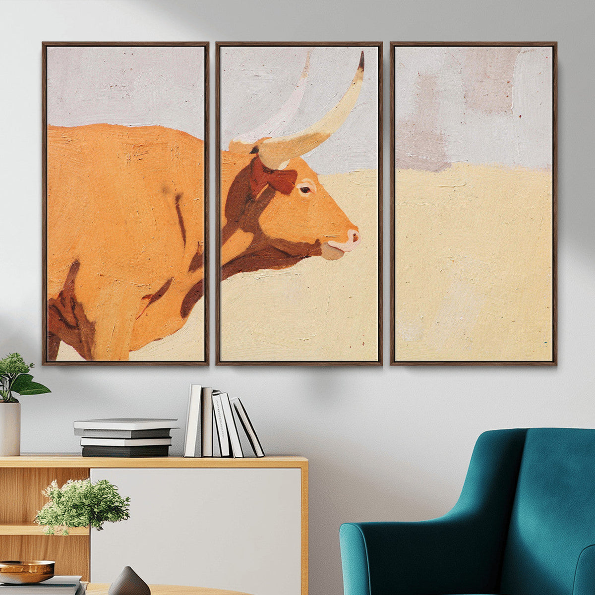 Minimal Longhorn Bull Wall Art Canvas Print, Neutral Western