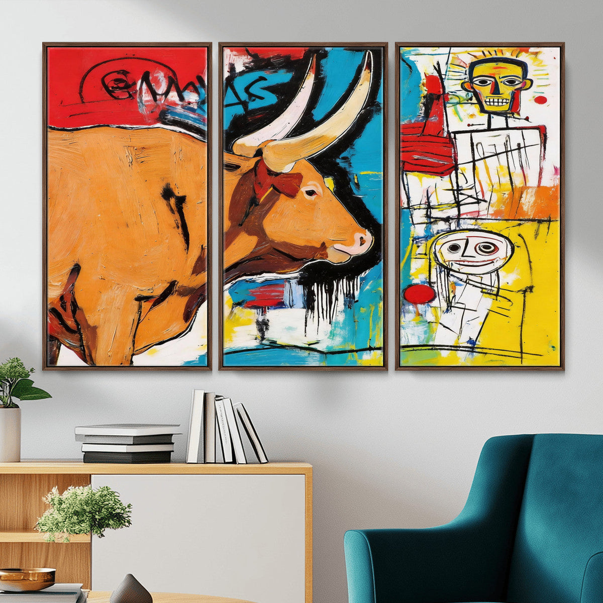 Basquiat Style Bull Graffiti Wall Art Canvas Print, Street