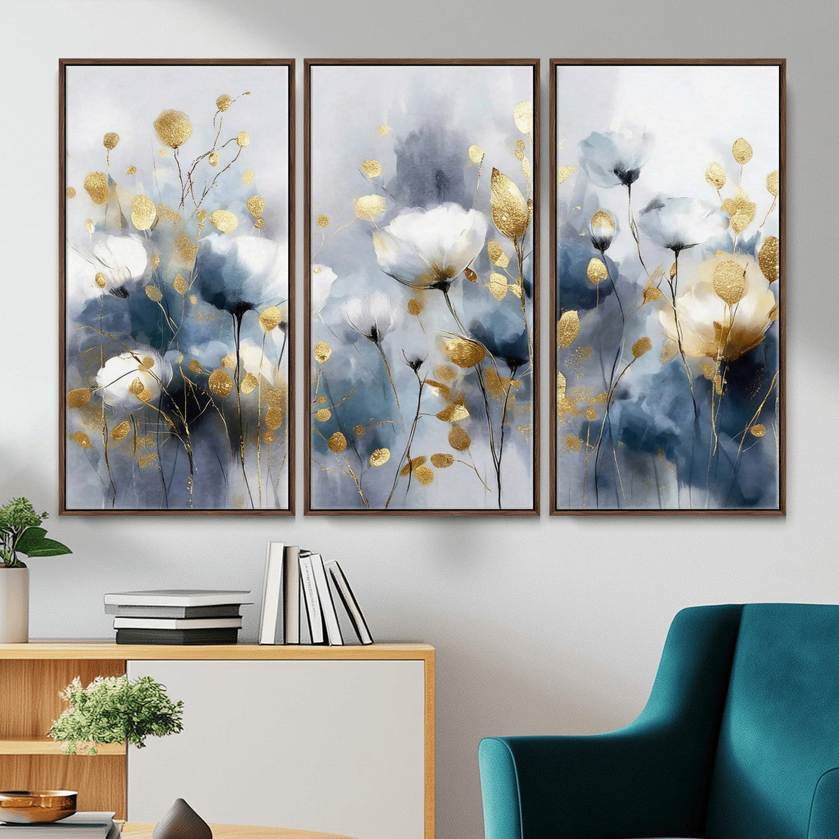 Large Abstract Flowers Wall Art Canvas Print – Gold and Blue