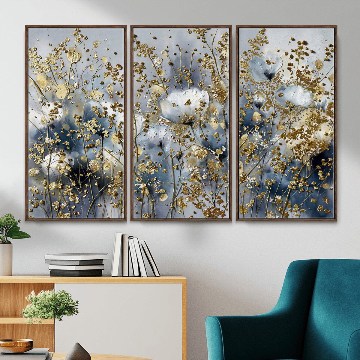 Abstract Floral Wall Art Canvas Print – Gold and Blue