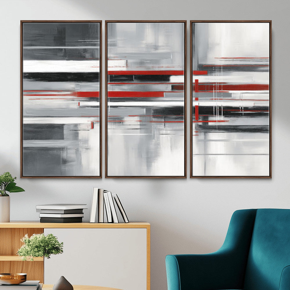 Gray Red Abstract Wall Art Canvas Print, Modern Abstract
