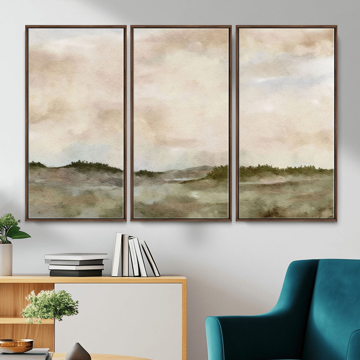 Muted Watercolor Hill Landscape Print — Beige Taupe Cloudy