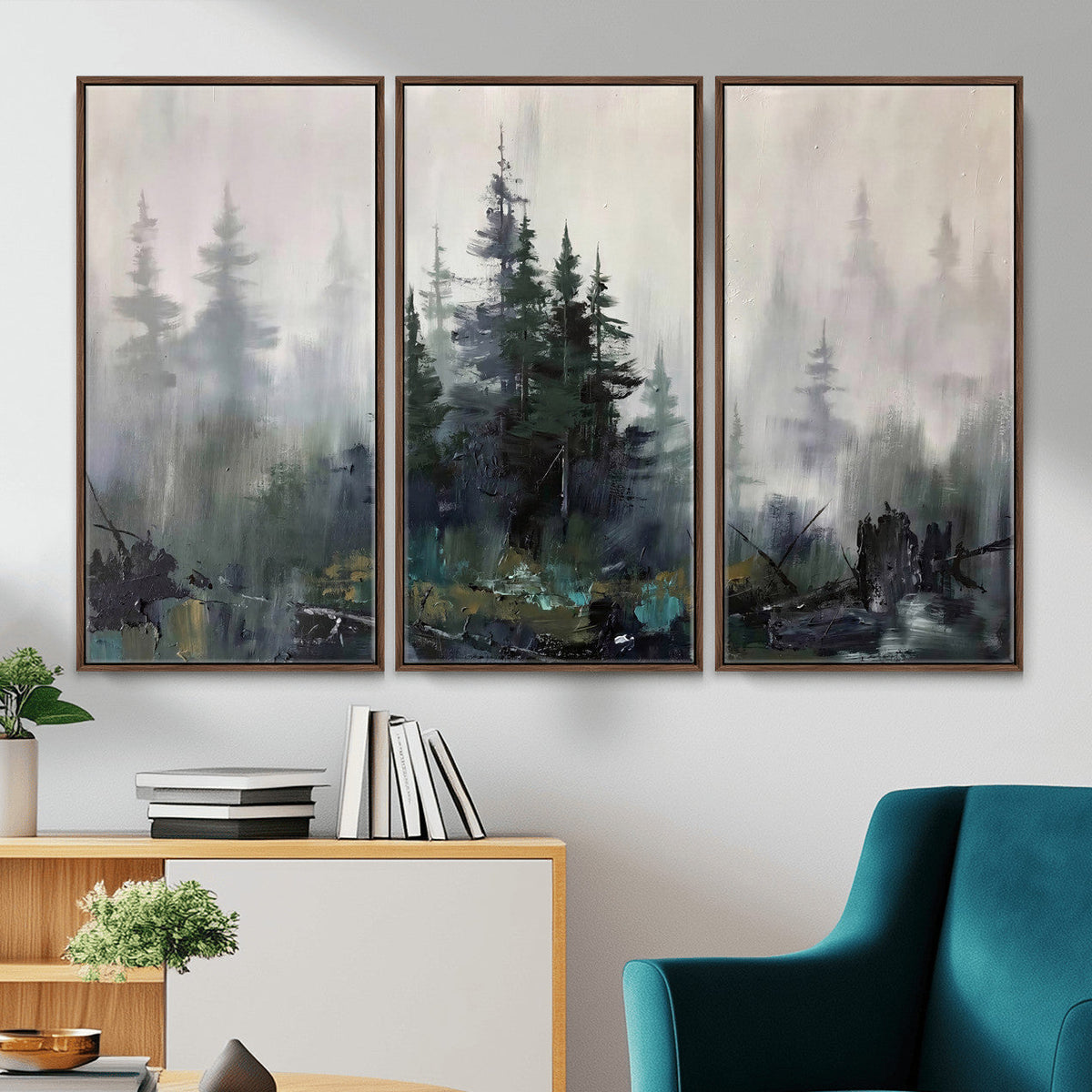 Misty Pine Forest Oil Painting Canvas — Dark Moody Teal Grey