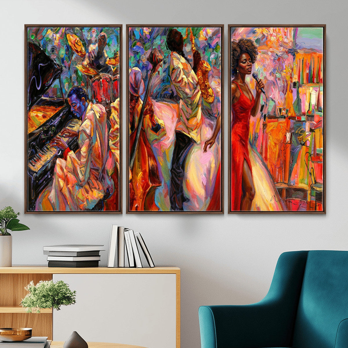 African American Jazz Singer Canvas Art — Red Dress Black