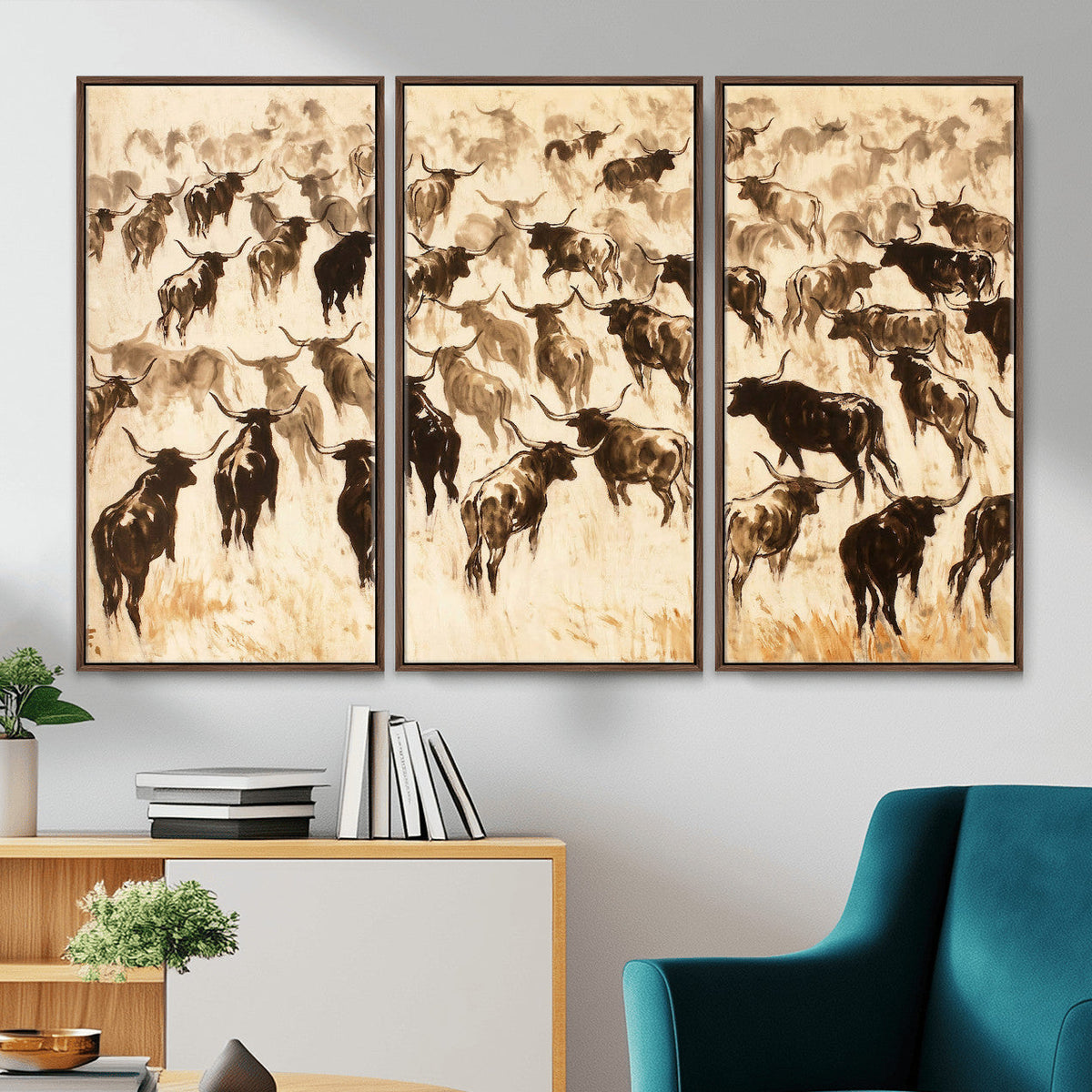 Texas Longhorn Sepia Canvas Wall Art, Western Cattle