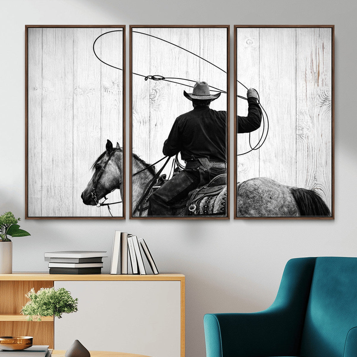 Cowboy Lasso Canvas Wall Art, Black White Western Horse
