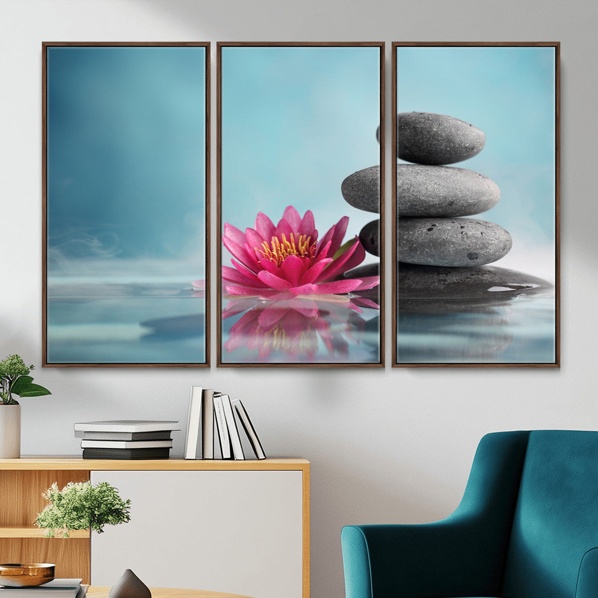 Zen Canvas Wall Art Lotus Flower Stacked Stones Teal Spa