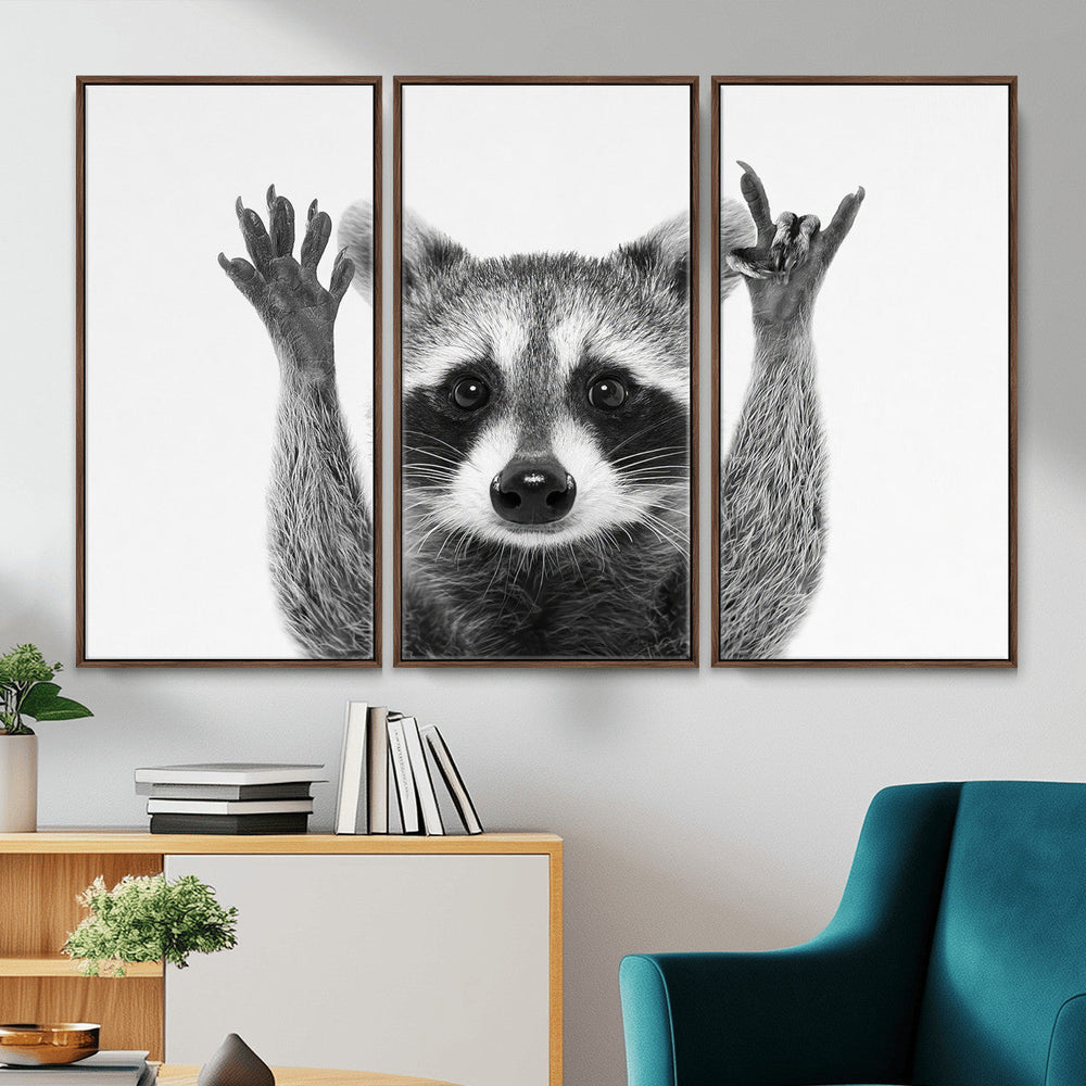 Funny Raccoon Canvas Wall Art, Black White Hands Up Animal Photo Print, Humorous Wildlife Decor, Kids Room Nursery Art, Quirky Animal Gift