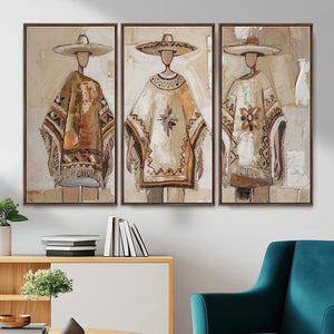 Mexican Folk Art Canvas Wall Art, Charro Poncho Sombrero Painting Print, Neutral Beige Boho Decor, Southwestern Impasto Style, Living Room Art