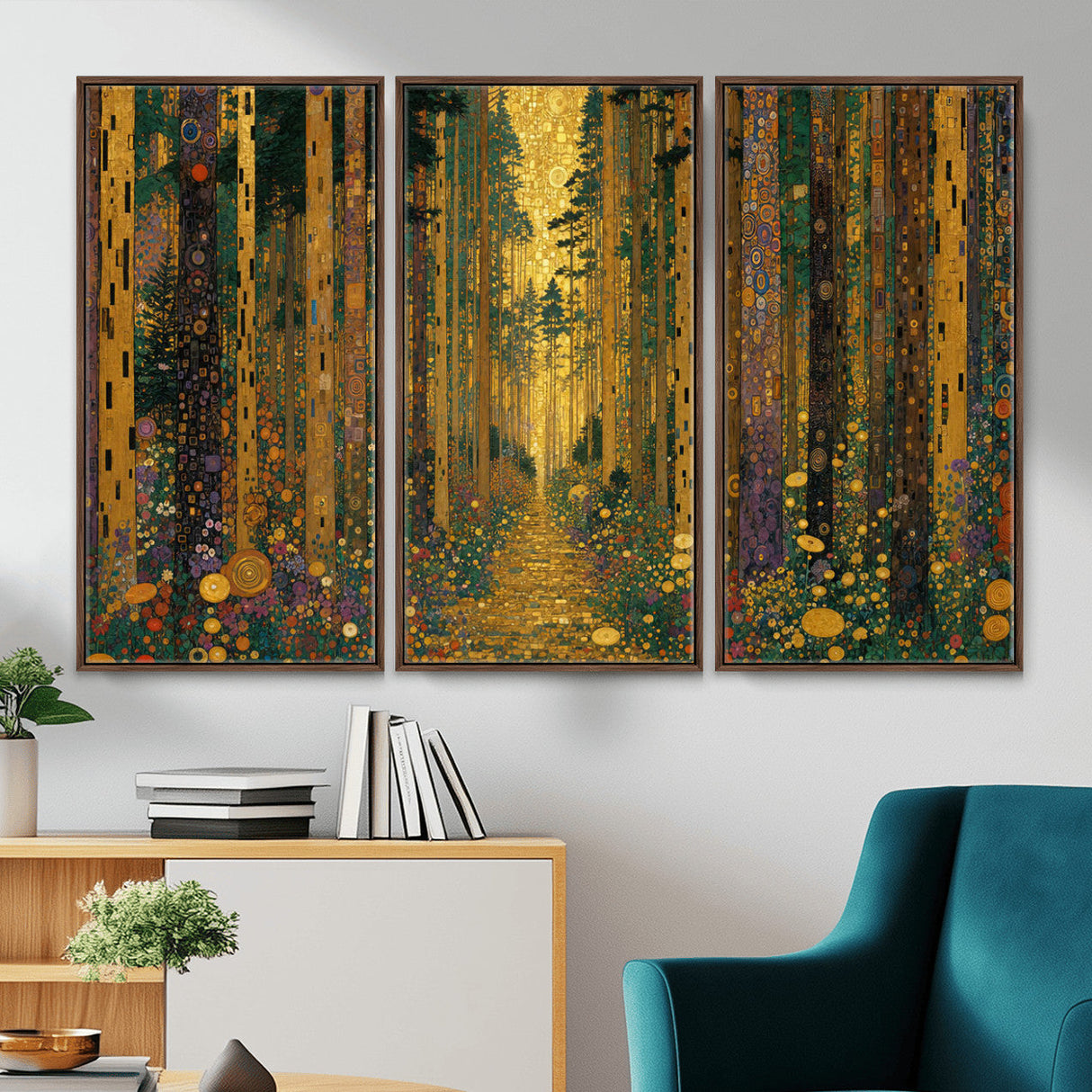 Gustav Klimt Style Forest Canvas Wall Art, Golden Forest Path Floral Art Nouveau Print, Enchanted Woodland Decor