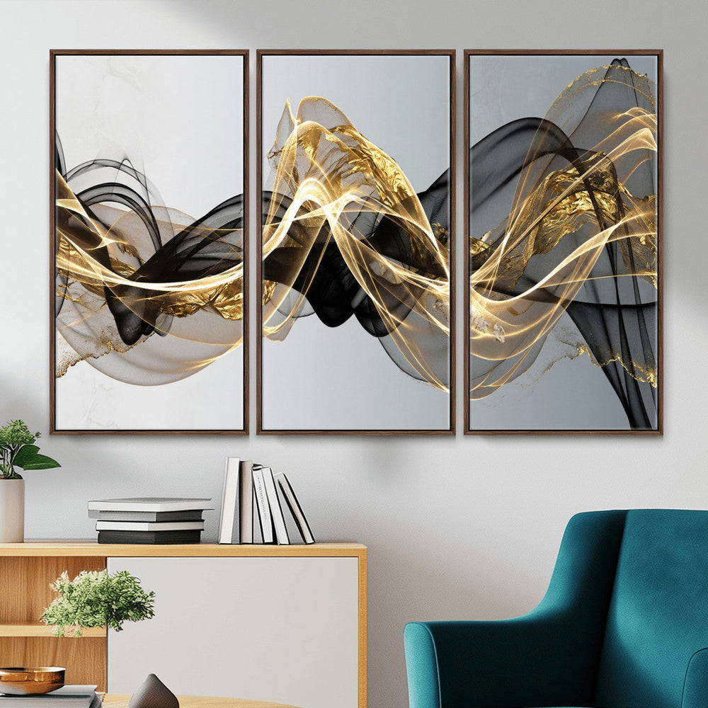 Black and Gold Abstract Wall Art, Modern Wave Canvas Print, Elegant Flowing Smoke Art, Luxury Living Room Decor