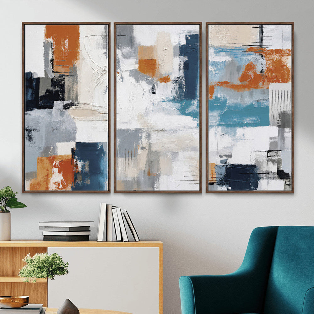Blue Teal Abstract Canvas Wall Art, Modern Textured Painting Print, Navy Orange White Contemporary Art, Neutral Living Room Decor, Office Art