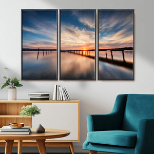 Wooden Pier on Seascape and Sunset Wall Art Canvas Print