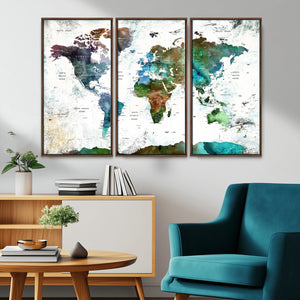 Modern Watercolor World Map Canvas Wall Art – Framed