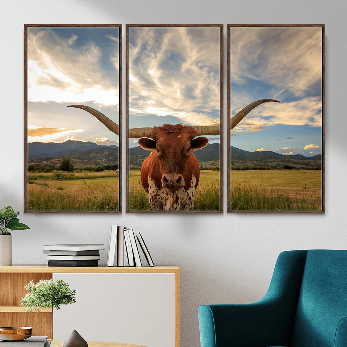 Texas Longhorn Canvas Wall Art – Majestic Triptych Animal