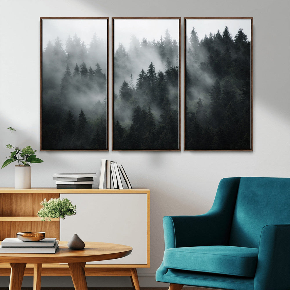 Foggy Forest Wall Art Canvas Print | 3 Panel Large Misty