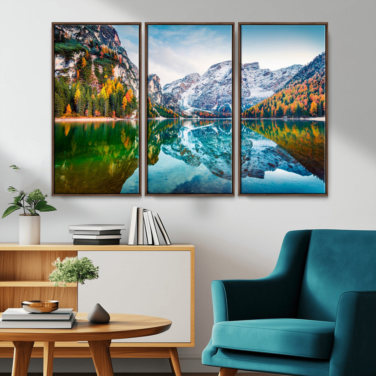 Spectacular autumn view of Braies Lake Wall Art Canvas Print