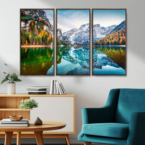 Spectacular autumn view of Braies Lake Wall Art Canvas Print