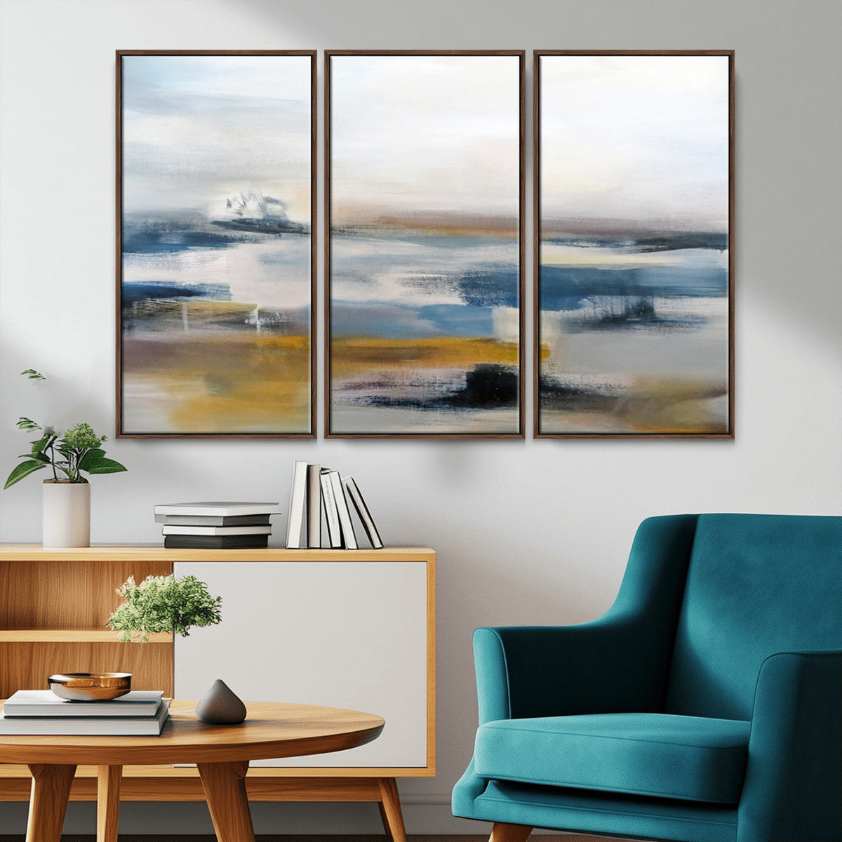 Abstract Landscape Wall Art Canvas | 3 Panel Modern Blue,