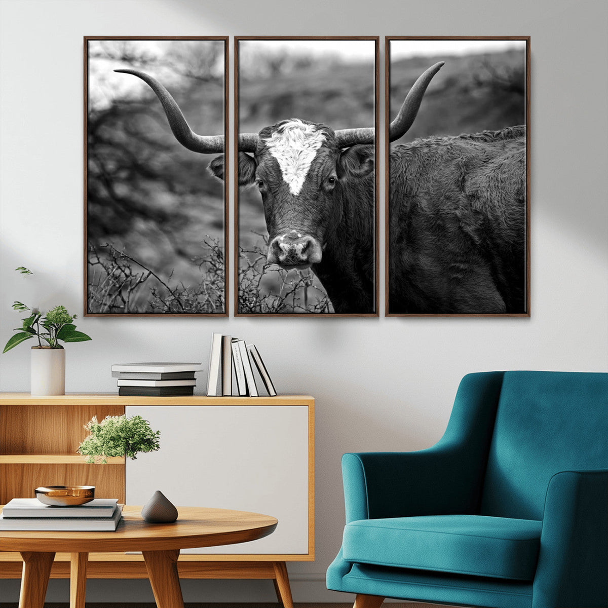 Western Home Wall Art Canvas Print, Framed Texas Longhorn