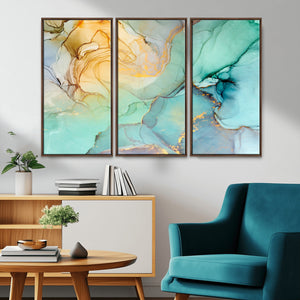 Abstract Aqua and Gold Fluid Wall Art Canvas | 3 Panel Large