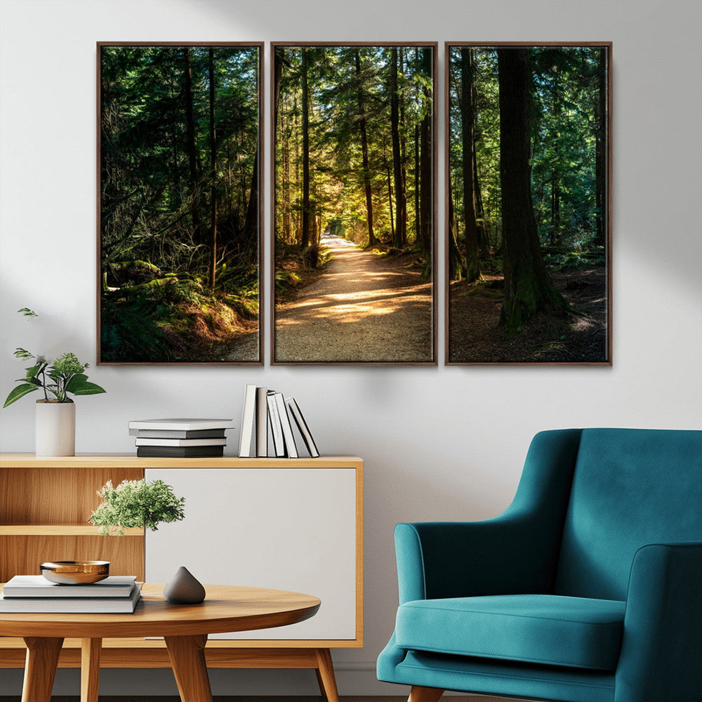 Sunlit Forest Pathway Canvas Print | 3 Panel Large Nature