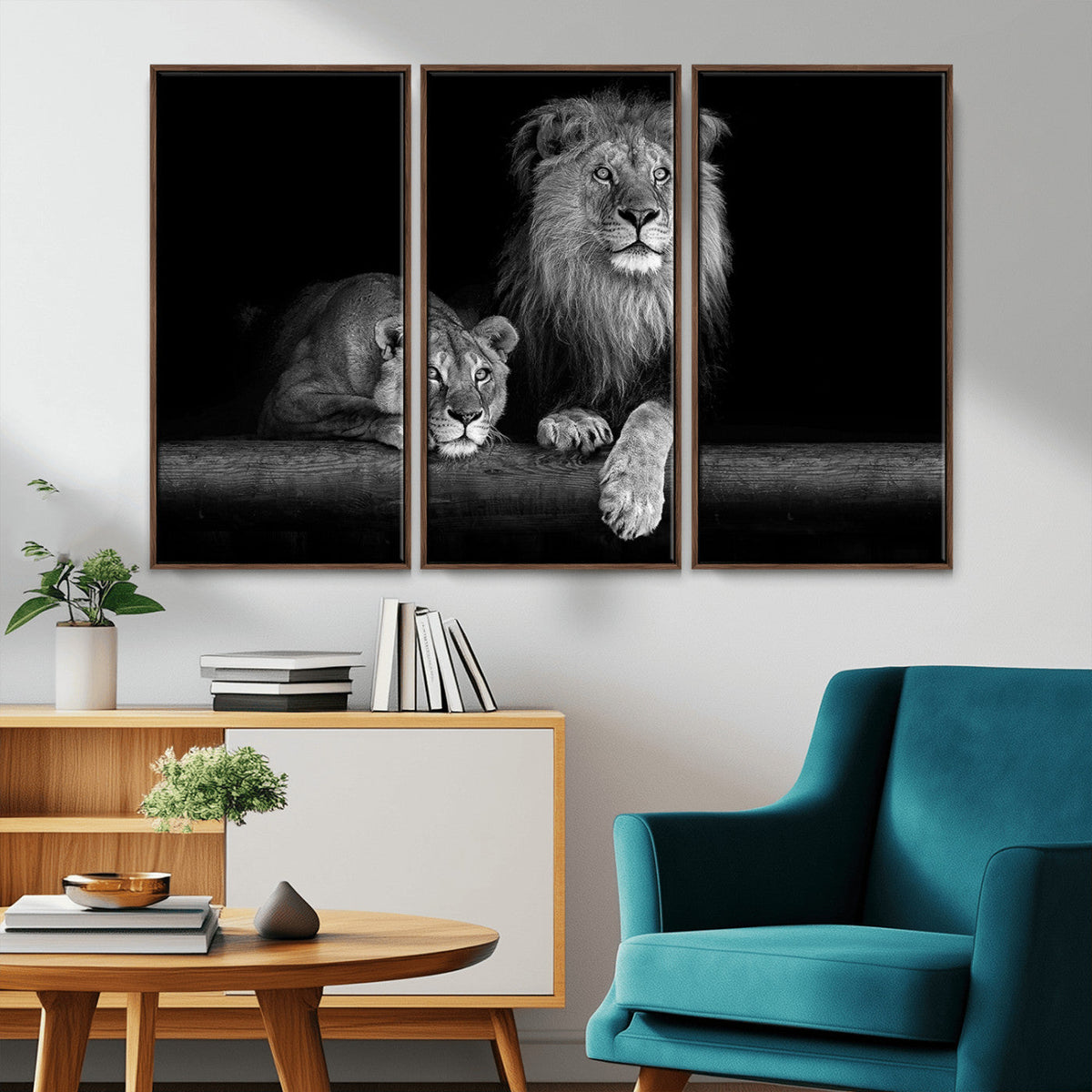 Large Black and White Lion Couple Wall Art Canvas Print –