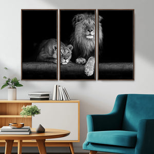 Large Black and White Lion Couple Wall Art Canvas Print –