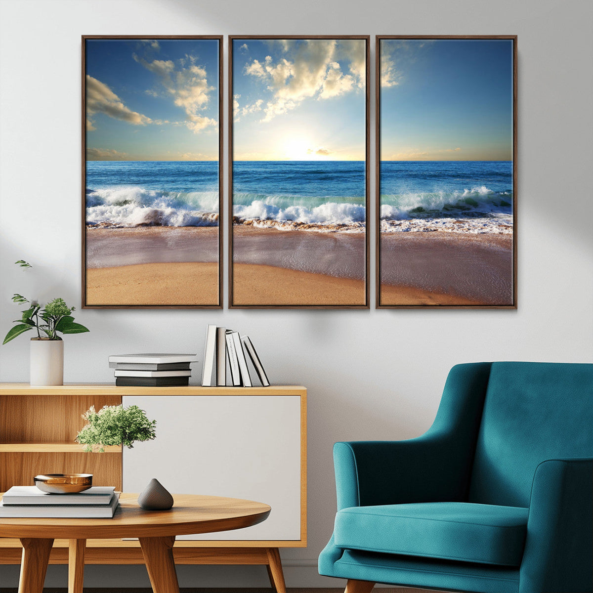 Serene Ocean Sunset Canvas Wall Art - Beach Waves at Sunset,