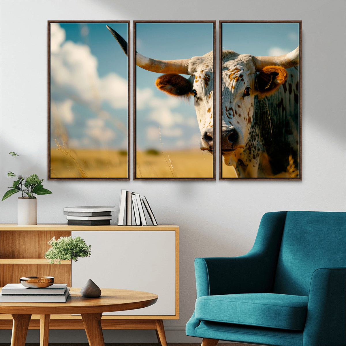 Longhorn in the Prairie - Stunning Ranch-Style Triptych Wall
